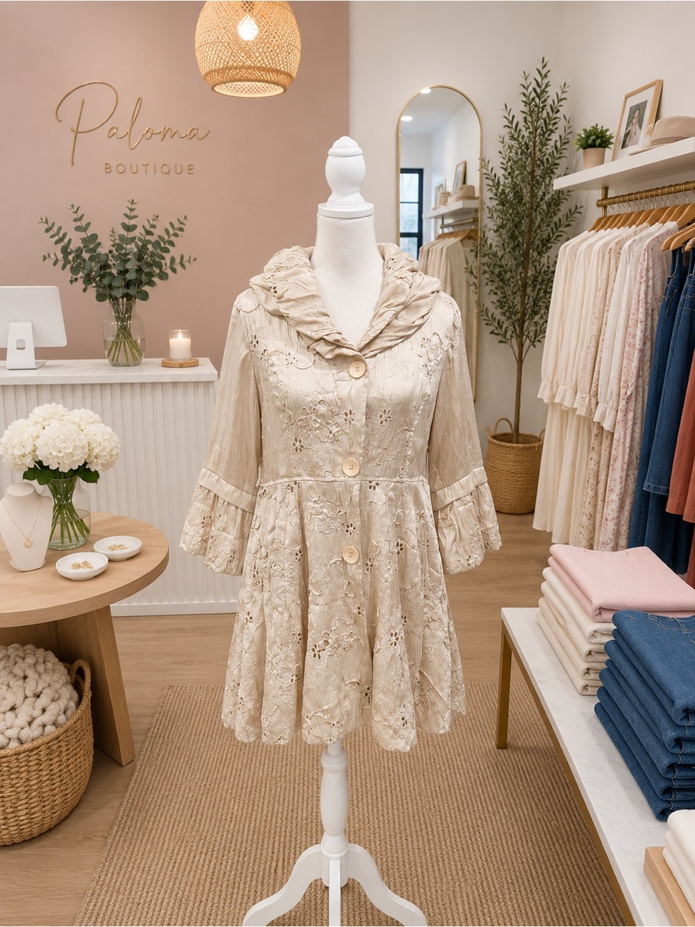 Damee Inc Champagne Embroidered Lace Coat Dress Jacket NWT Large